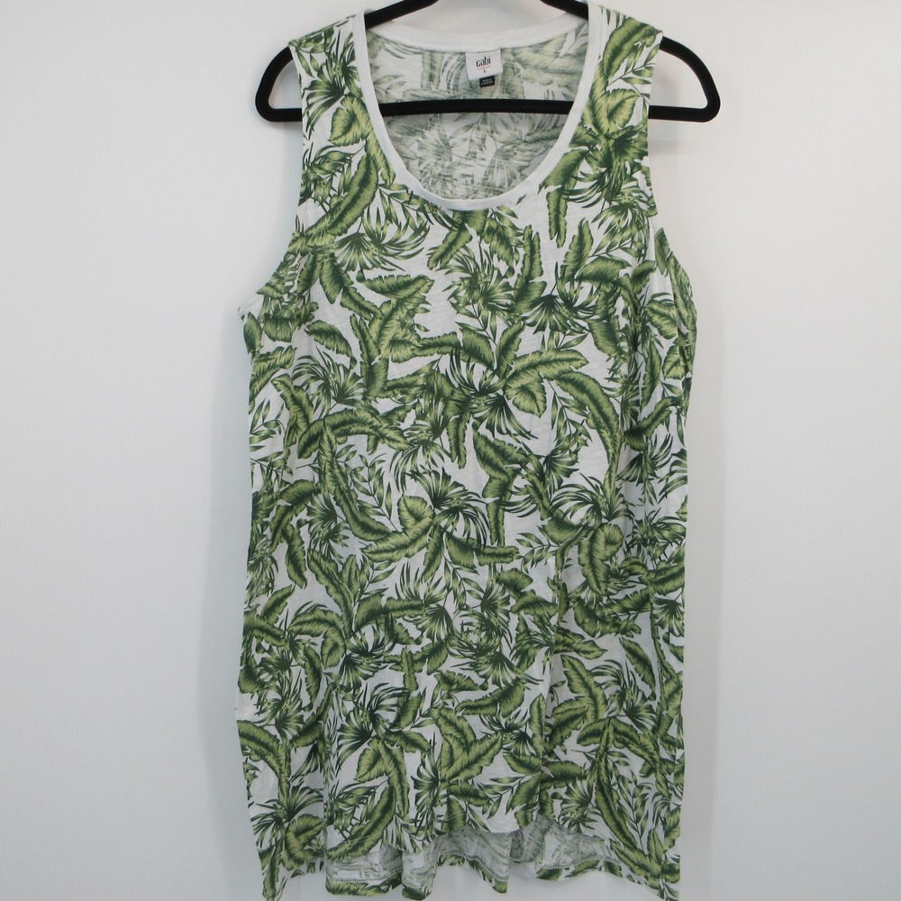 Cabi 5994 Green White Tropical Palm Leaf Print Cotton Slub Tank Top Womens L